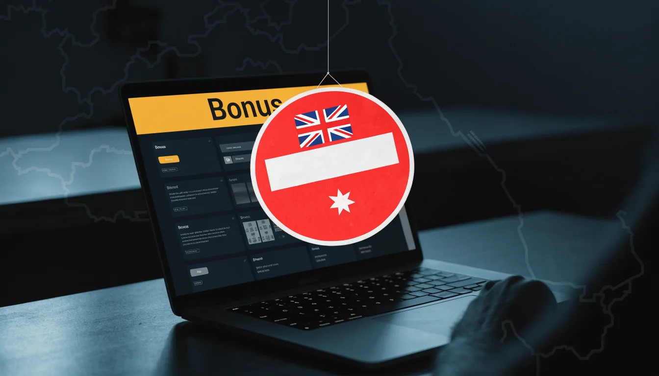 Laptop with offshore casino bonus blocked by Australian flag sign