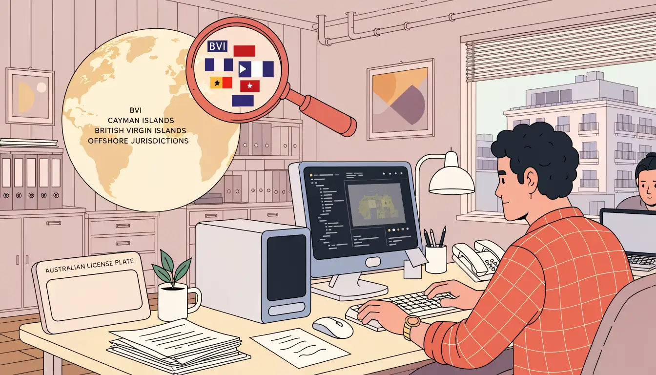 Game studio desk lacking Australian license, showing offshore flags