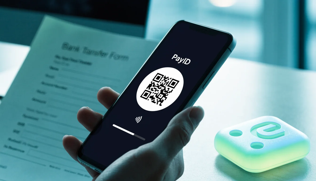 Hand with PayID QR code and bank transfer for casino payments