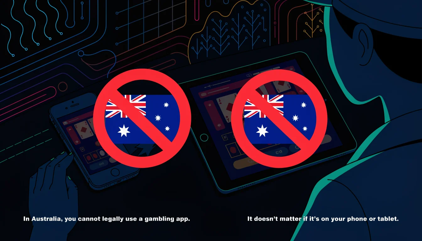 Phone and tablet showing prohibited casino game with Australian flag